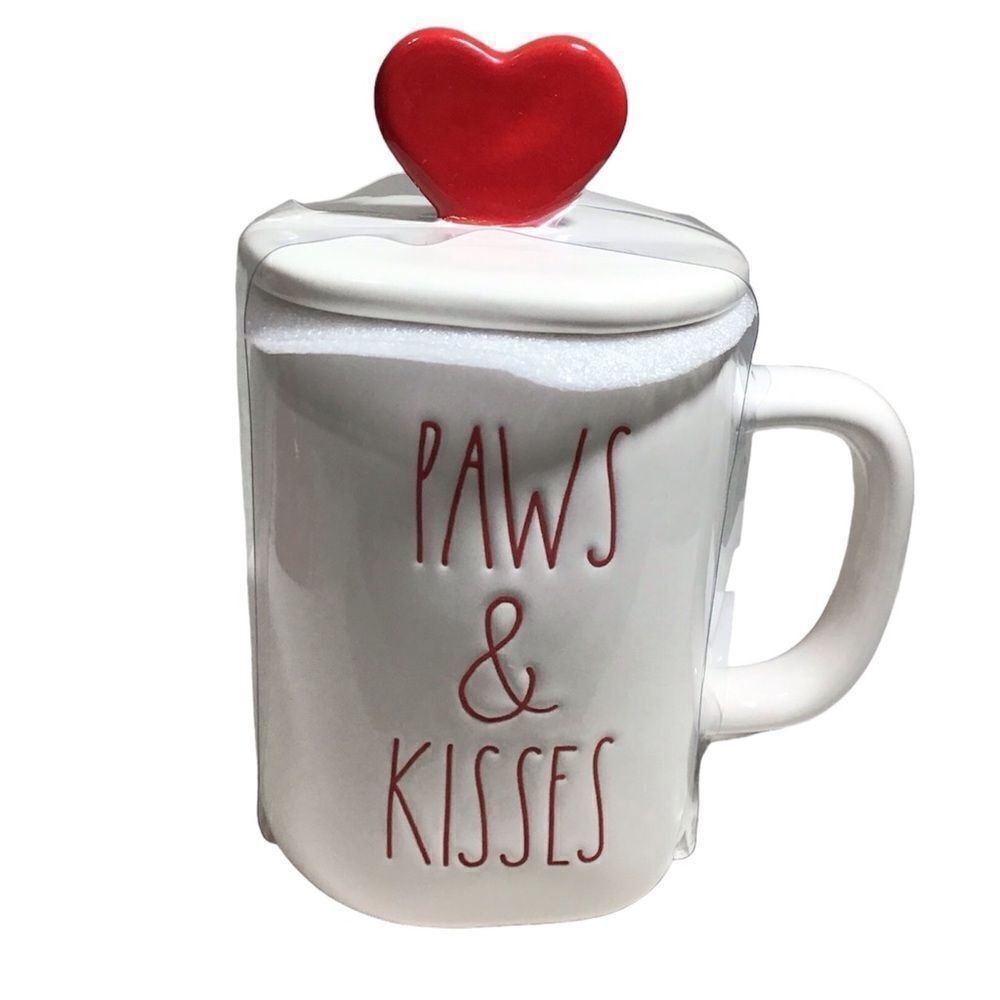 Rae Dunn White Heart Top Paws & Kisses Mug Pottery New